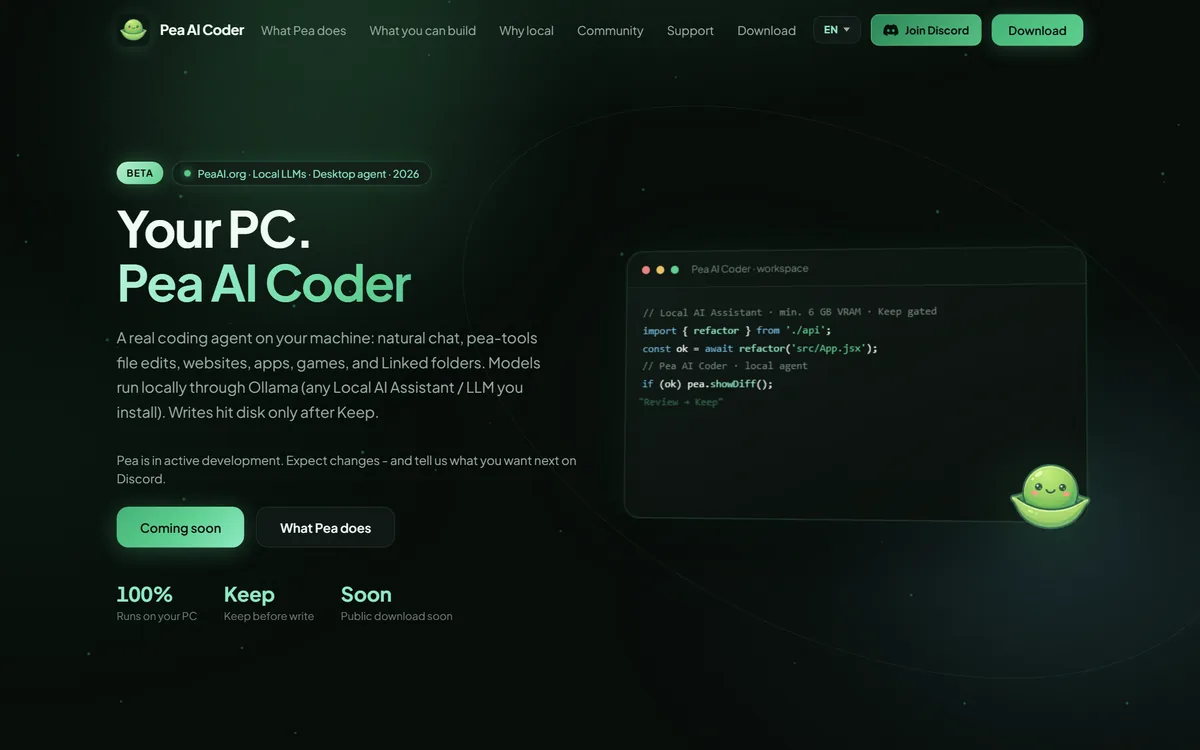 Pea AI Coder weboldal előnézet